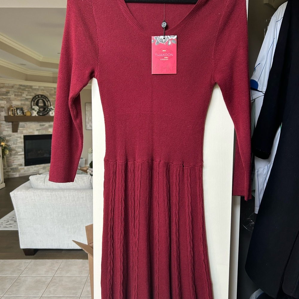 Thakoon Red Pleated Long Sleeve V-Neck Sweater Dress